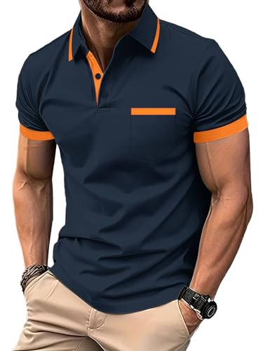 zitysport Poloshirt Herren Kurzarm Shirt Atmungsaktives Golf Polo Shirt Männer Sommer Shirts Sport Basic Slim Fit Tshirt mit Brusttasche Polohemd(Orange Marineblau-2XL) von zitysport