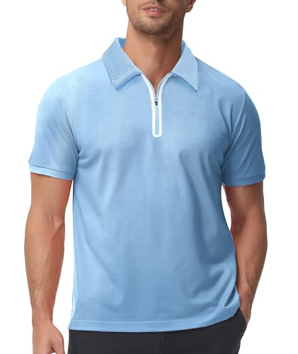 zitysport Poloshirt Herren mit Zipper Kurzarm Basic Polo Hemd Schnelltrocknend Golf T-Shirts Sport Atmungsaktiv Outdoor mit Reißverschluss Shirt Männer Casual Poloshirt(Mittagsblau-M) von zitysport