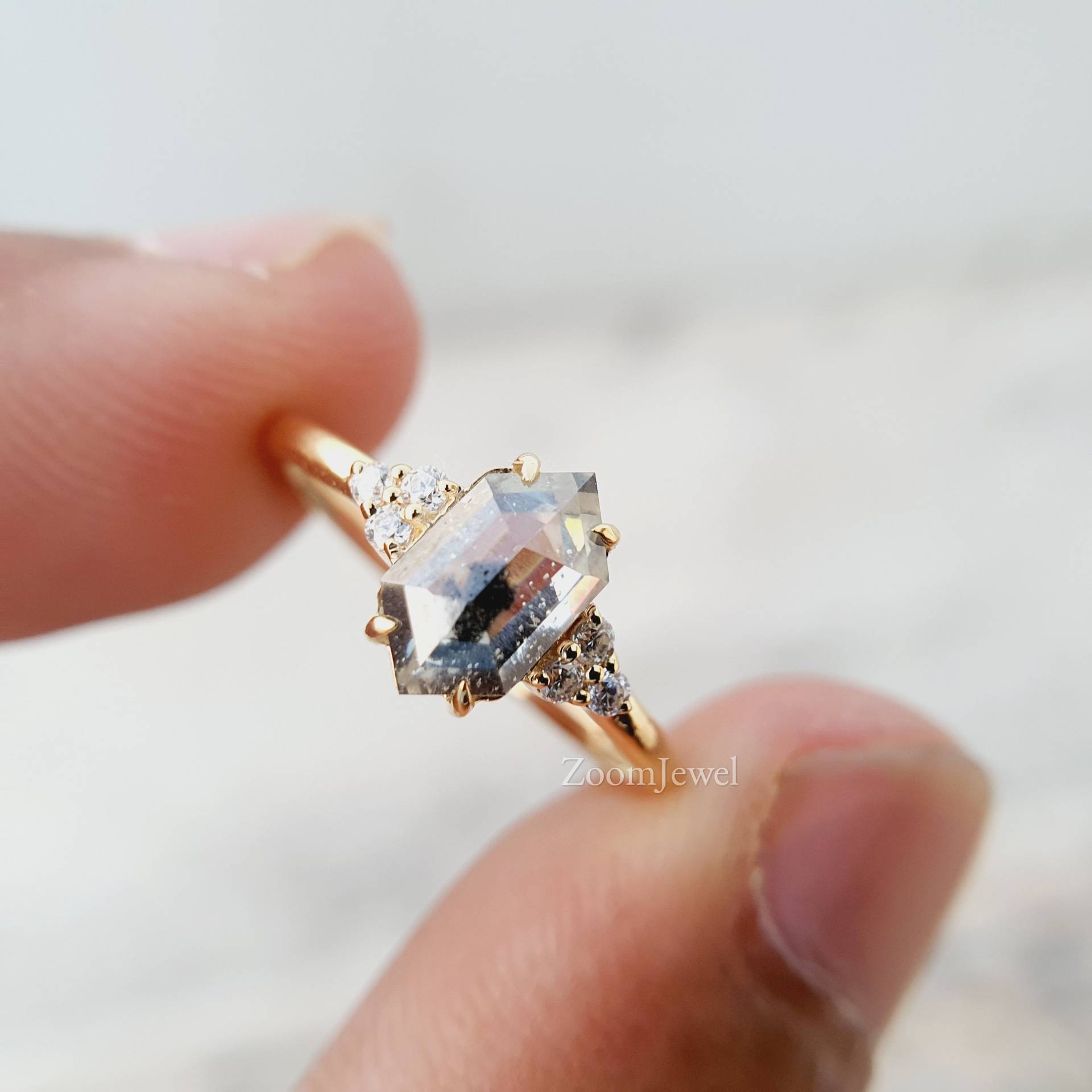 14K Salz Und Pfeffer Diamant Ring | Hexagon Moissanite Verlobungsring| Antiker Drei Stein Ringe| Pfefferstreuer von zoomjewel